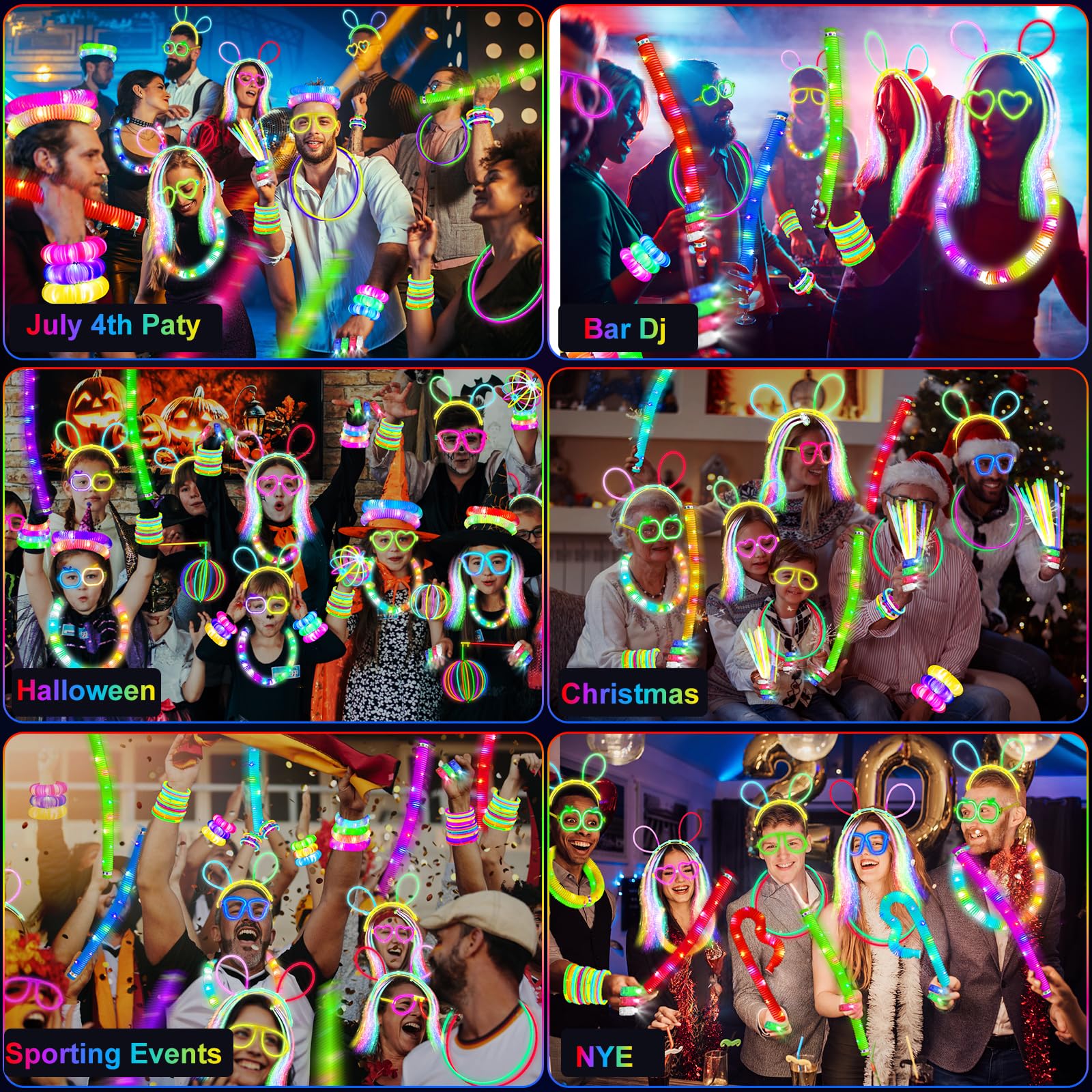 Glow in the Dark Party Favors for Adults Kids, 27 Carnival Accessories, 56 LED Light Up Toys Bulk, 100 Glow Sticks Party Pack, Neon Party Supplies & Decorations