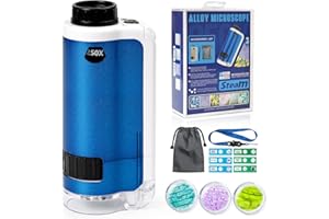 100x-250x Mini Pocket Microscope for Kids, Portable Miniscope Kids, with Led Lights and 6 Slides Specimens, Alloy Handheld Mi