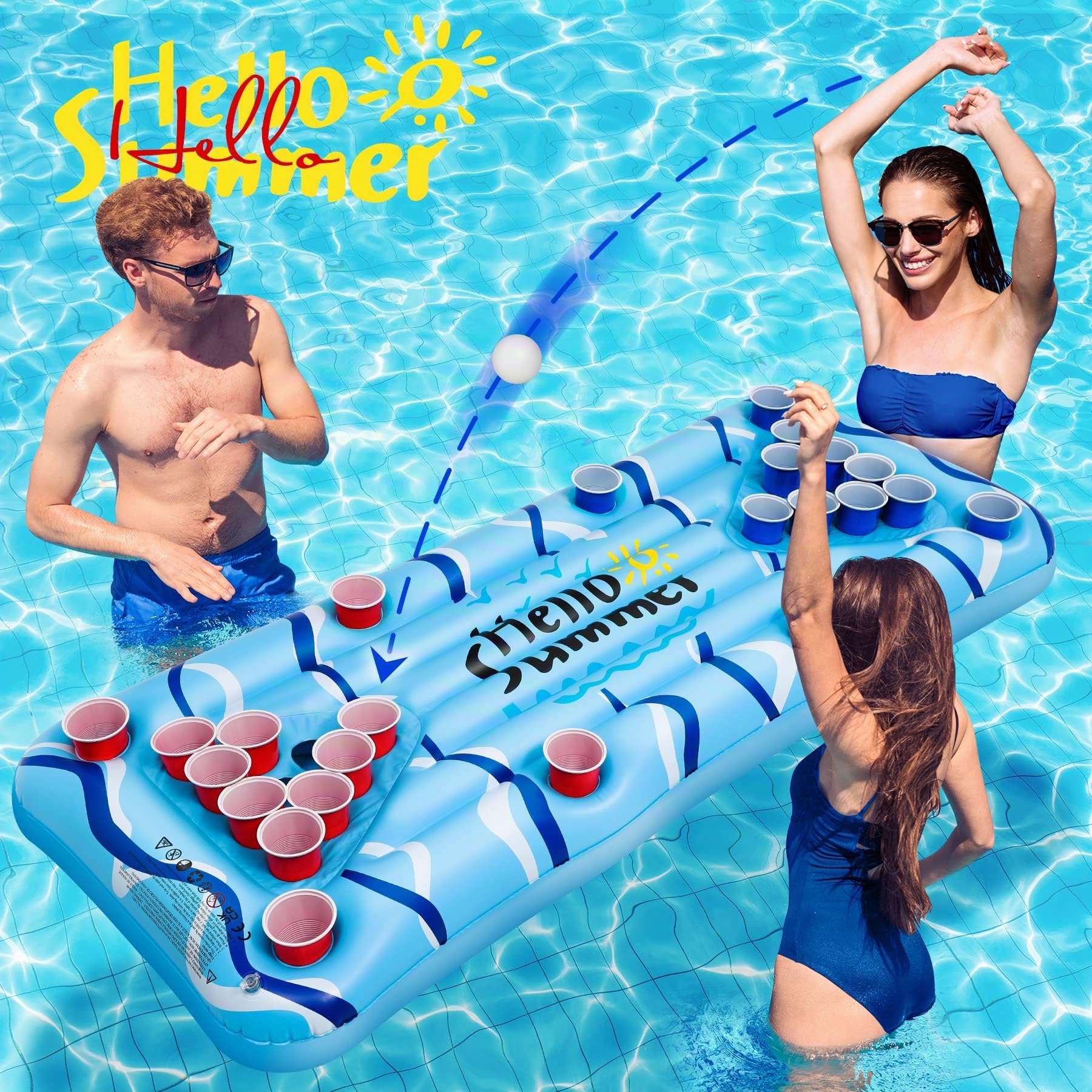 Popolic Pool Pong Game 150x75cm - Aufblasbare Luftmatratze mit Getränkehalter für Pool, Inklusive 24 Bechern und 2 Bällen, Schwimmring Erwachsene für Wasserspaß im Sommer 2