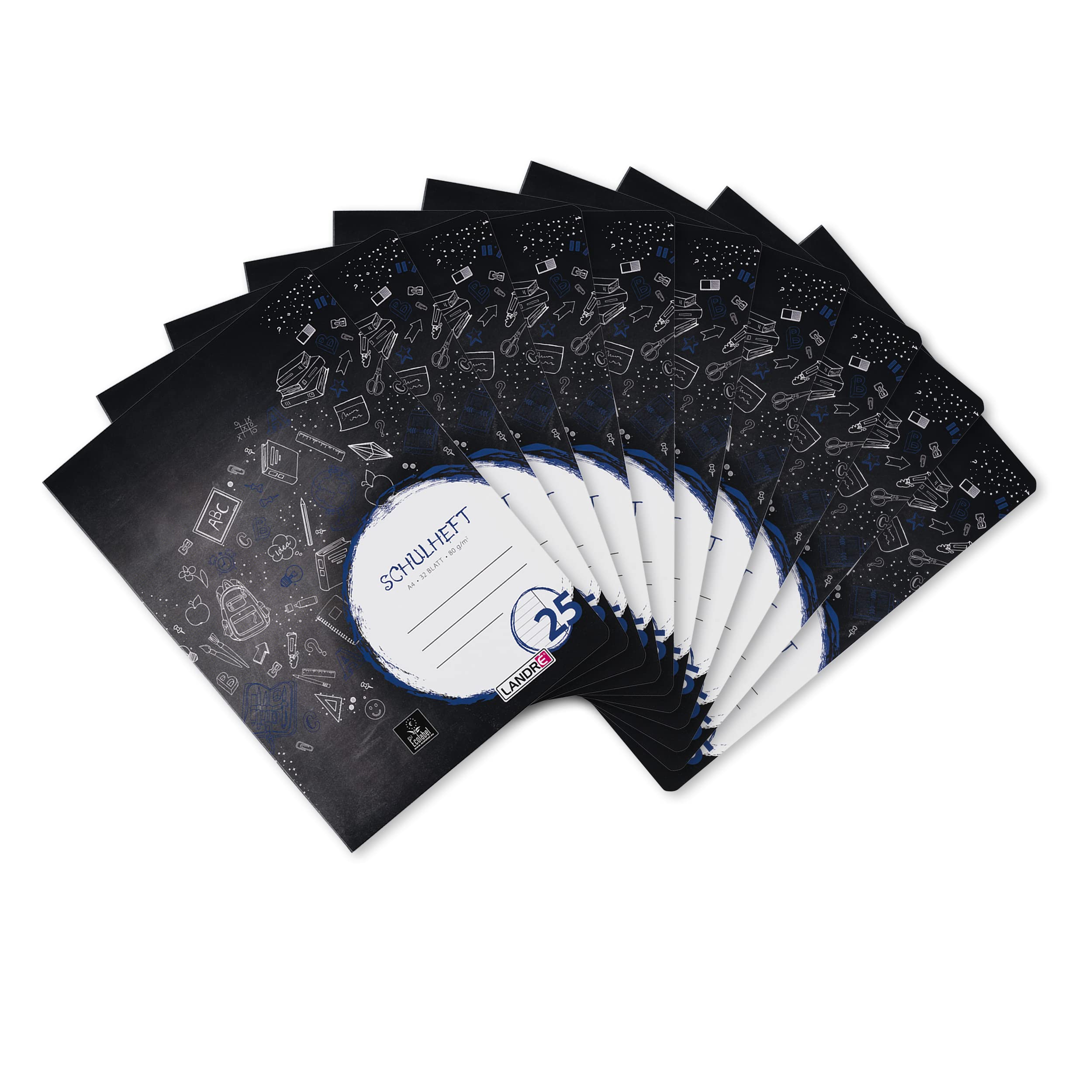 Landre 100050056 School Notepad A4 (32 Lined Sheets of 80 g/m² Fine, Wood-Free Writing Paper with Type 25 Ruling and Margin) Pack of 10 in 3 Assorted Designs