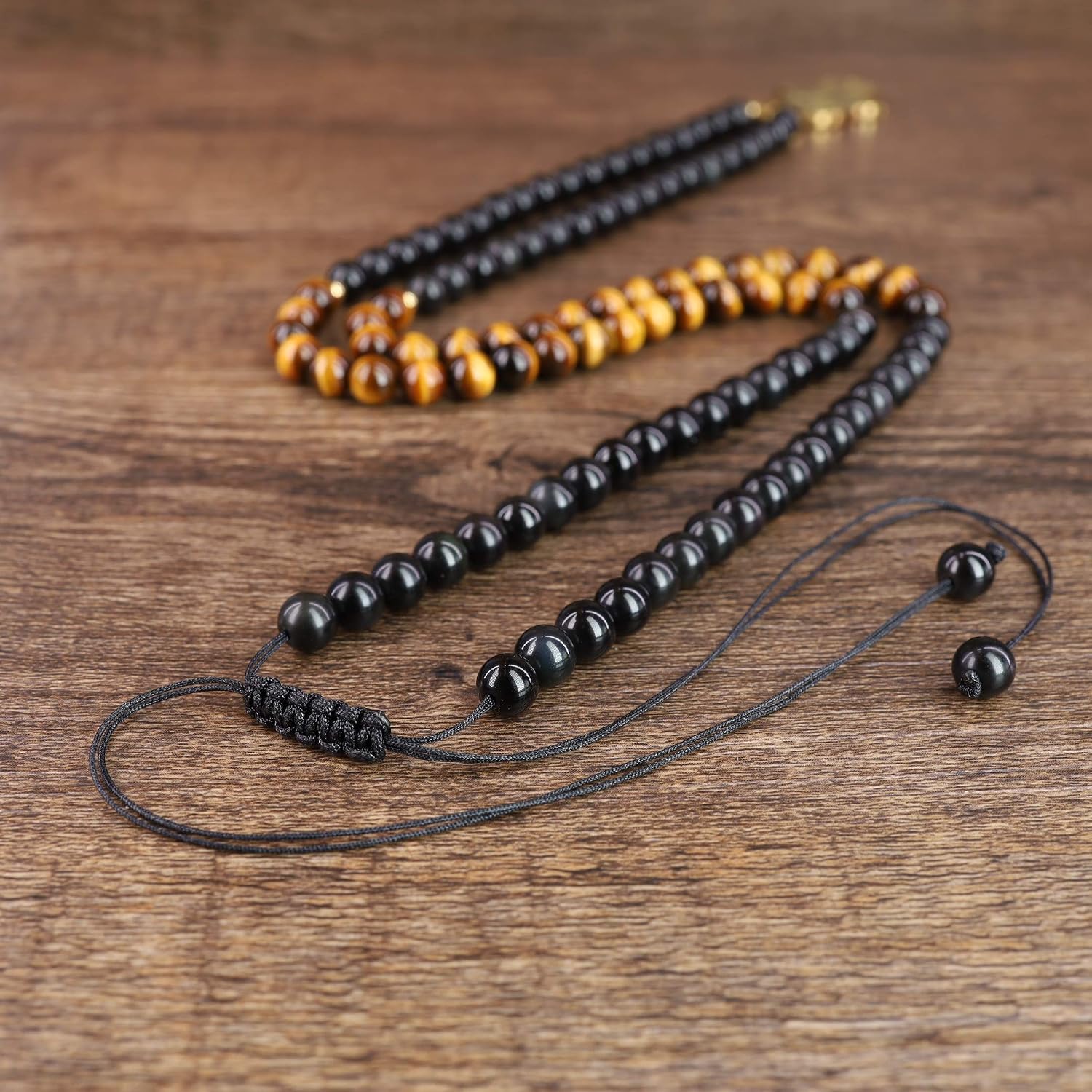 COAI Hamsa Hand Black Obsidian Tiger Eye Stone Beaded 108 Mala Necklace, Golden-Brown or Golden-Yellow, Mittel - Image 4