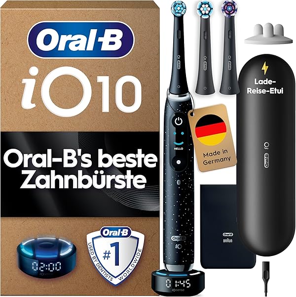 Oral-B iO Series 10 Elektrische Zahnbürste — Electric Toothbrush, Inkl. 3 Aufsteckbürsten, iOSense, Lade-Reise-Etui — 7 Putzmodi für Zahnpflege, Zahnbürste Elektrisch, Designed by Braun, Schwarz