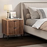 Nightstands, Walnut Fluted Night Stand, Mid Century Modern Nightstand, Bedside Table with Seamless Slatted Drawer, End Tables Bedroom with Metal Legs, Night Stand for Bedroom
