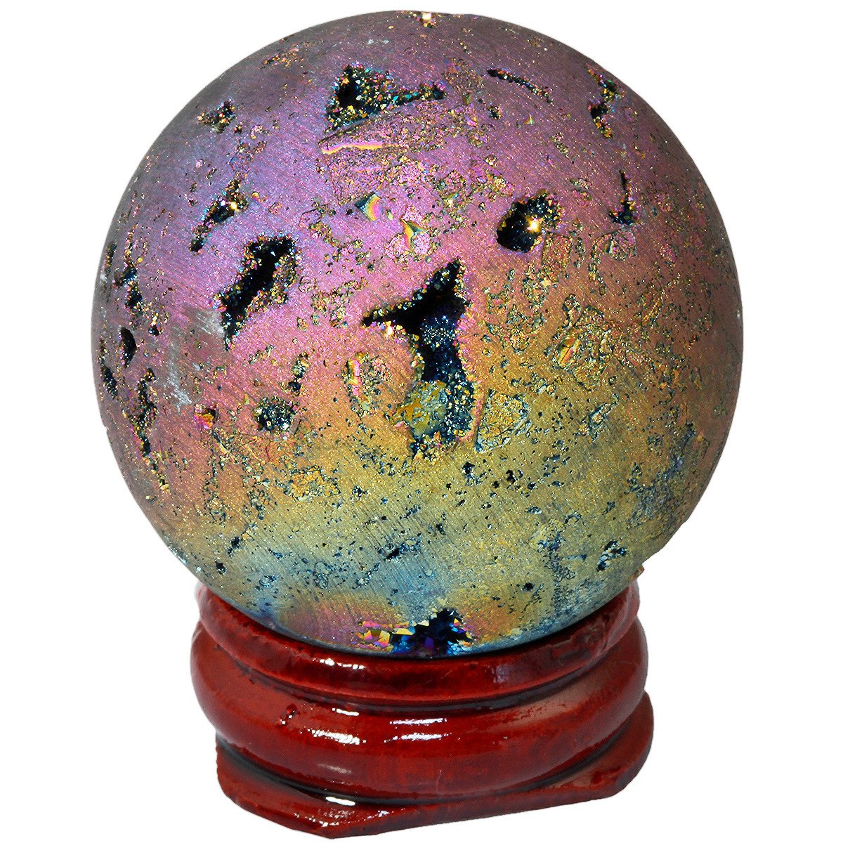 mookaitedecor Ball Crystal Geode Agate with Titanium Plating Druse Quartz for Family Decoration, Decoration, Birthday Gift with Wooden Stand
