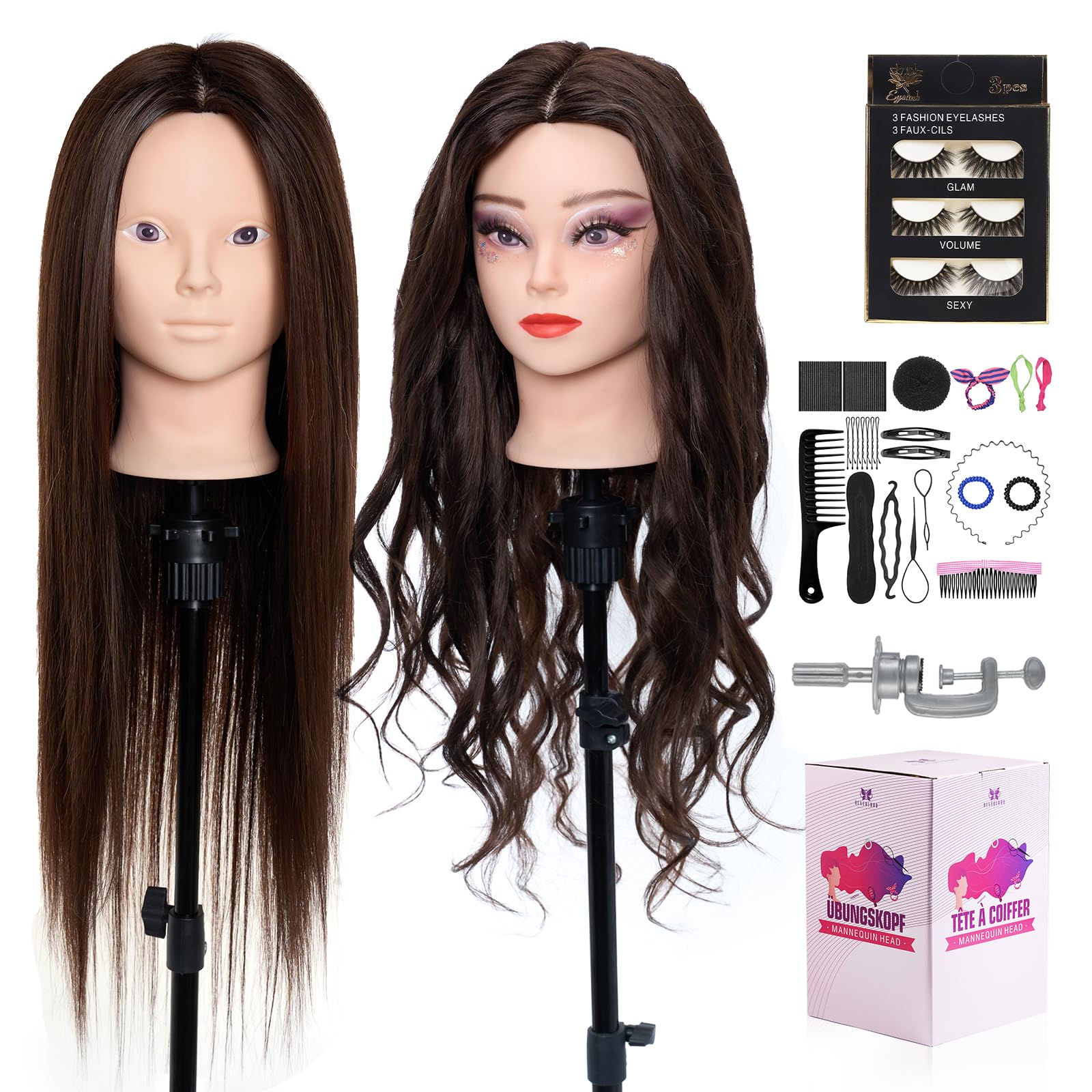 Neverland Mannequin Head with 60% Real Human Hair, 26-28 Inch Make up Cosmetology Manikin Practice Head, Braiding Hairdressing for Hair Styling with Table Clamp + DIY Styling Set