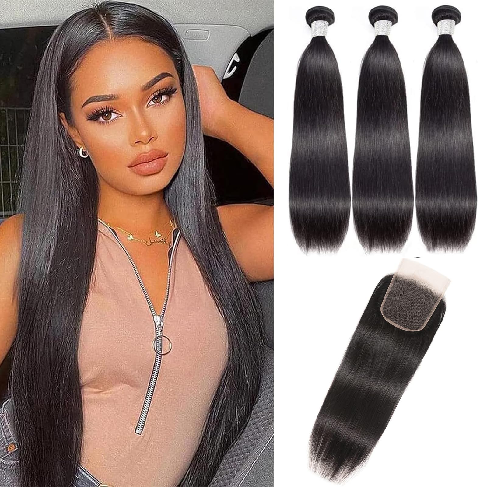 Brazilian Hair Bundles with Closure Straight Human Hair Bundles with Closure 12 14 16+10 100% Unprocessed Human Hair Weave 3 Bundles with Lace Closure for Women Natural Black Color — image 1