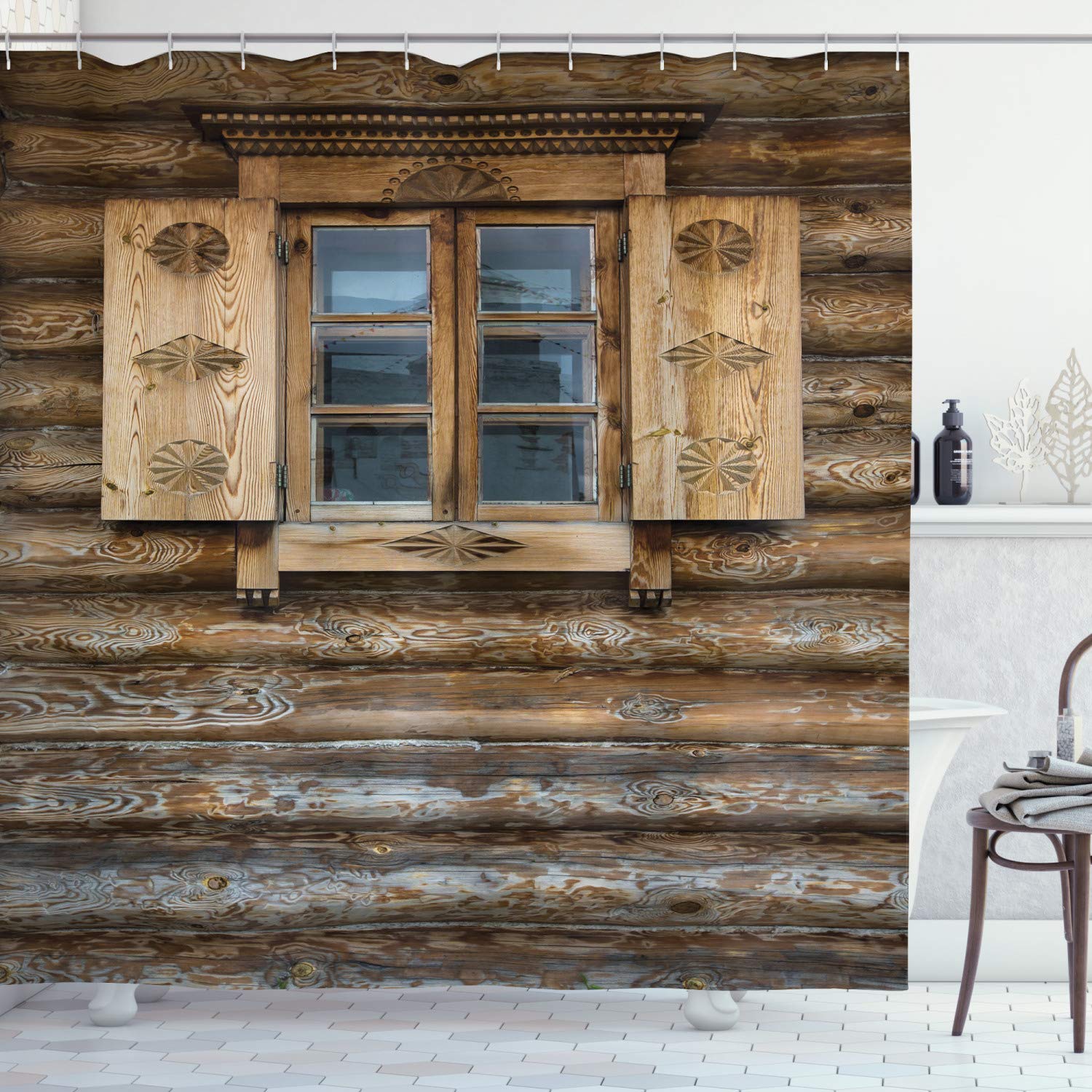 ABAKUHAUS Shutters Shower Curtain, Windows Patterned on The Wall of The Old Wooden House Cottage Print, Cloth Fabric Bathroom Decor Set with Hooks, 94" Inches, Beige and brown — image 1