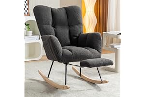 NIOIIKIT Nursery Rocking Chair, Teddy Upholstered Glider Chair with Adjustable Footrest, Padded Recliner Chair with High Backrest, Rocker Recliner Chair, Reading Chair for Nursery (Dark Gray)