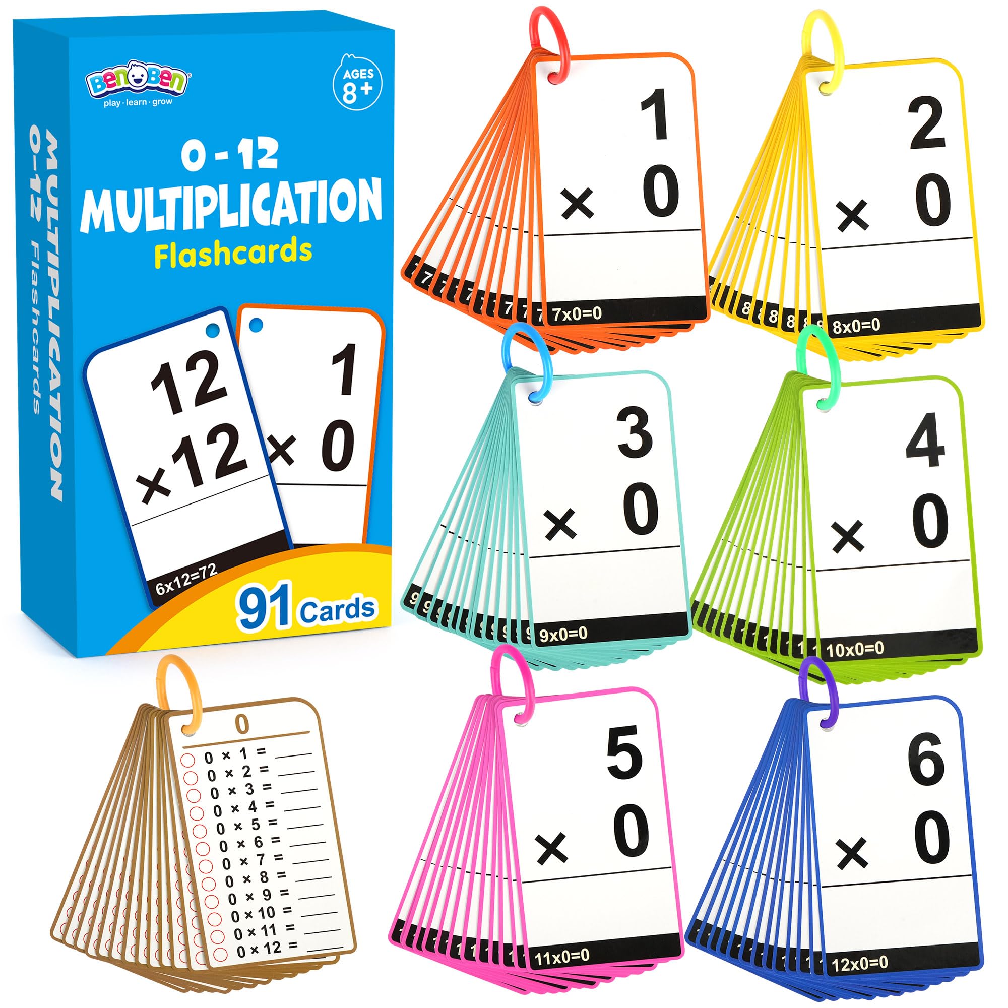 BenBen Multiplication Flash Cards 0-12, 91 Cards, Times Table Flash Cards with Rings, Multiplication Practice for Kids 8-12, 2nd 3rd 4th 5th 6th Grade, Math Flashcards for Homeschool Classroom