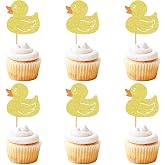 24Pcs Glitter Yellow Ducks Cupcake Toppers Duck Baby Cupcake Picks for Duck Baby Shower Boys Girls Ducks Birthday Cake Cupcake Decorations