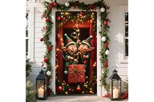 NYZE Christmas Door Cover Banner, Xmas Hanging Banner Holiday Backdrop Merry Christmas Santa Background for Home Holiday Decor 35.4 x 70.8 In(Elf)