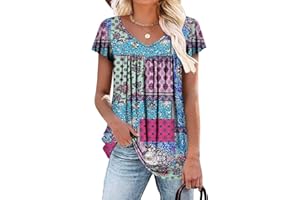 ROSELINLIN Womens Ruffle Sleeve Tunic Tops V Neck Loose Fit Short Sleeve Summer Shirts