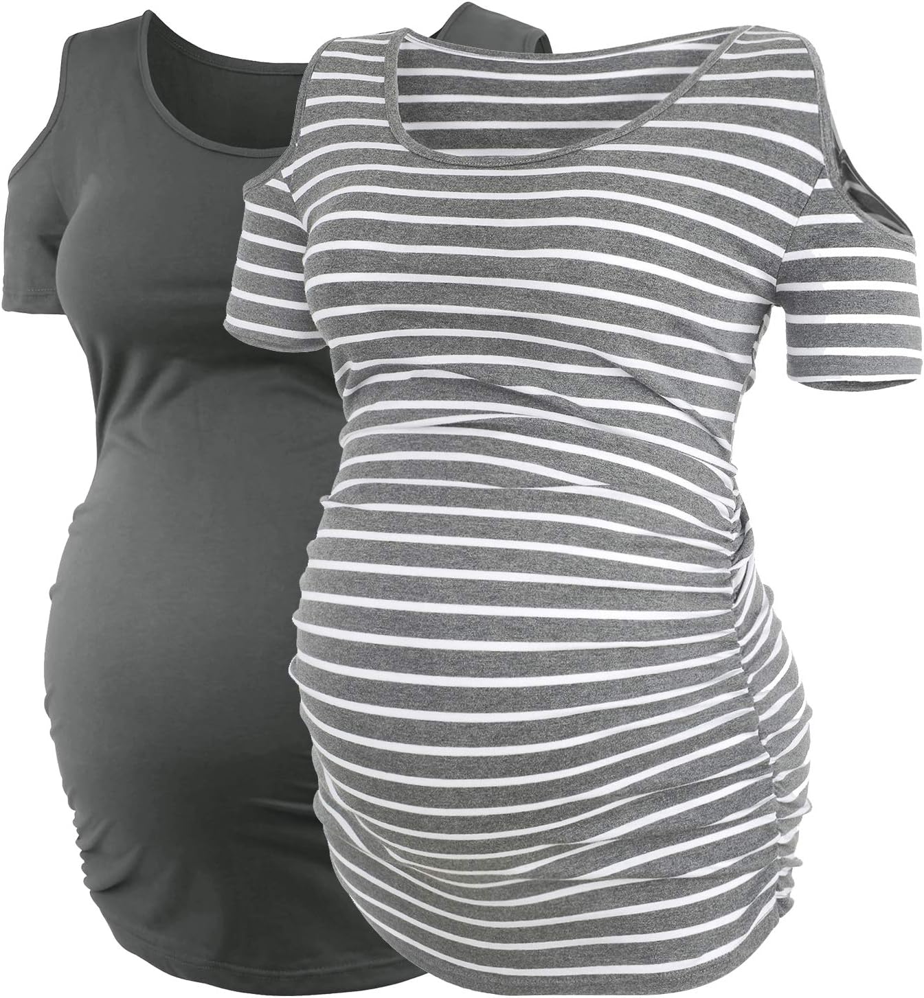 Women Cold Shoulder Maternity Shirt Top Pregnancy T Shirts Mom Clothes,Dark Grey/Grey White Striped-M