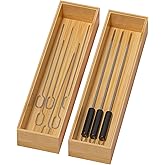 Lixple Bamboo Drawer Organizer, Narrow Stackable Cutlery Tray for Kitchen, 2 Pcs Silverware & Utensil Box, 12" x 3" x 2" (Outer), 11.3" x 2.3" x 1.77" (Inner)