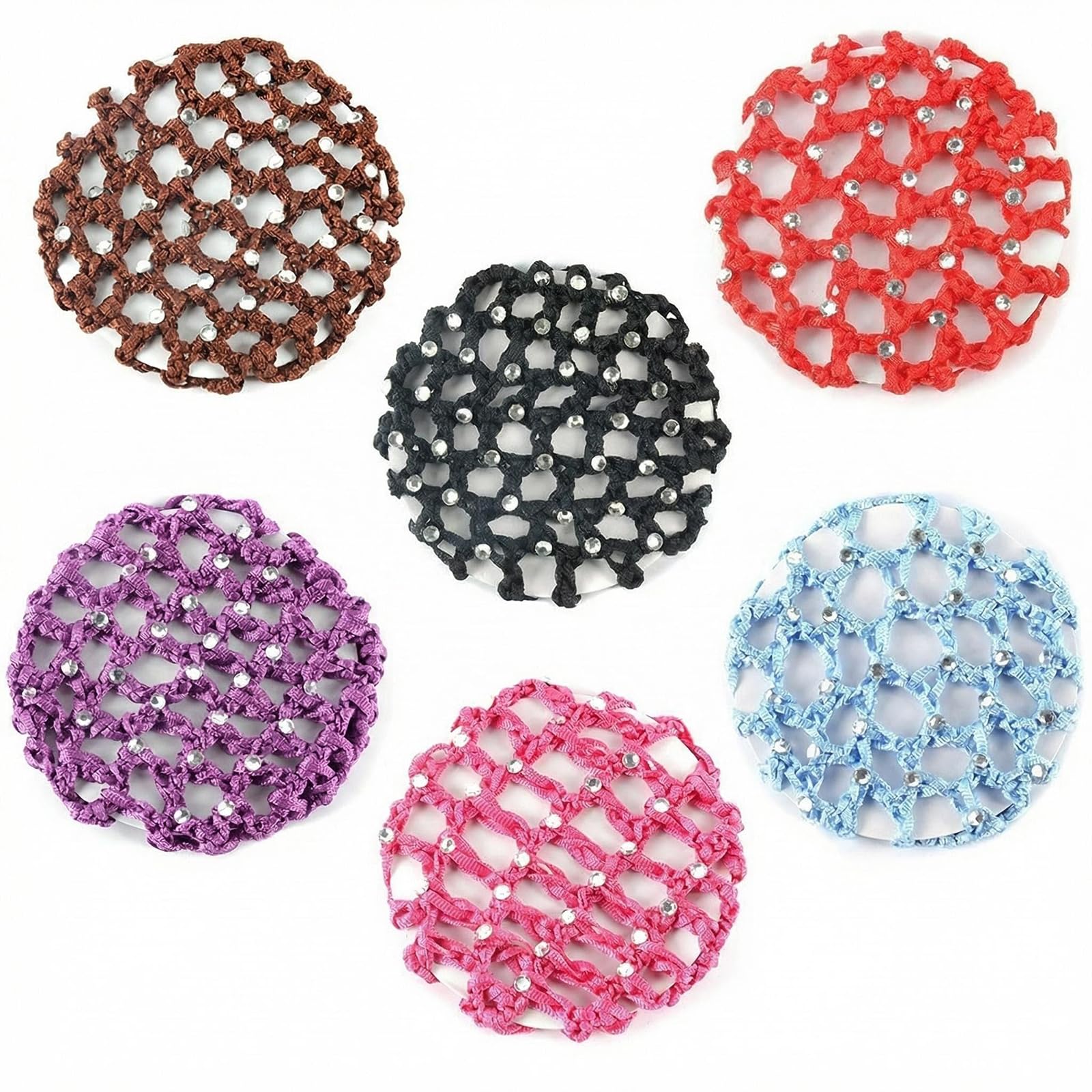 6PCS Crochet Bun Cover Snood Hair Net Rhinestone Decor Colorful Knit Mesh Fabric Bun Holders for Women Girls Ballet Dance Skating Office Pro Random Color Delivery