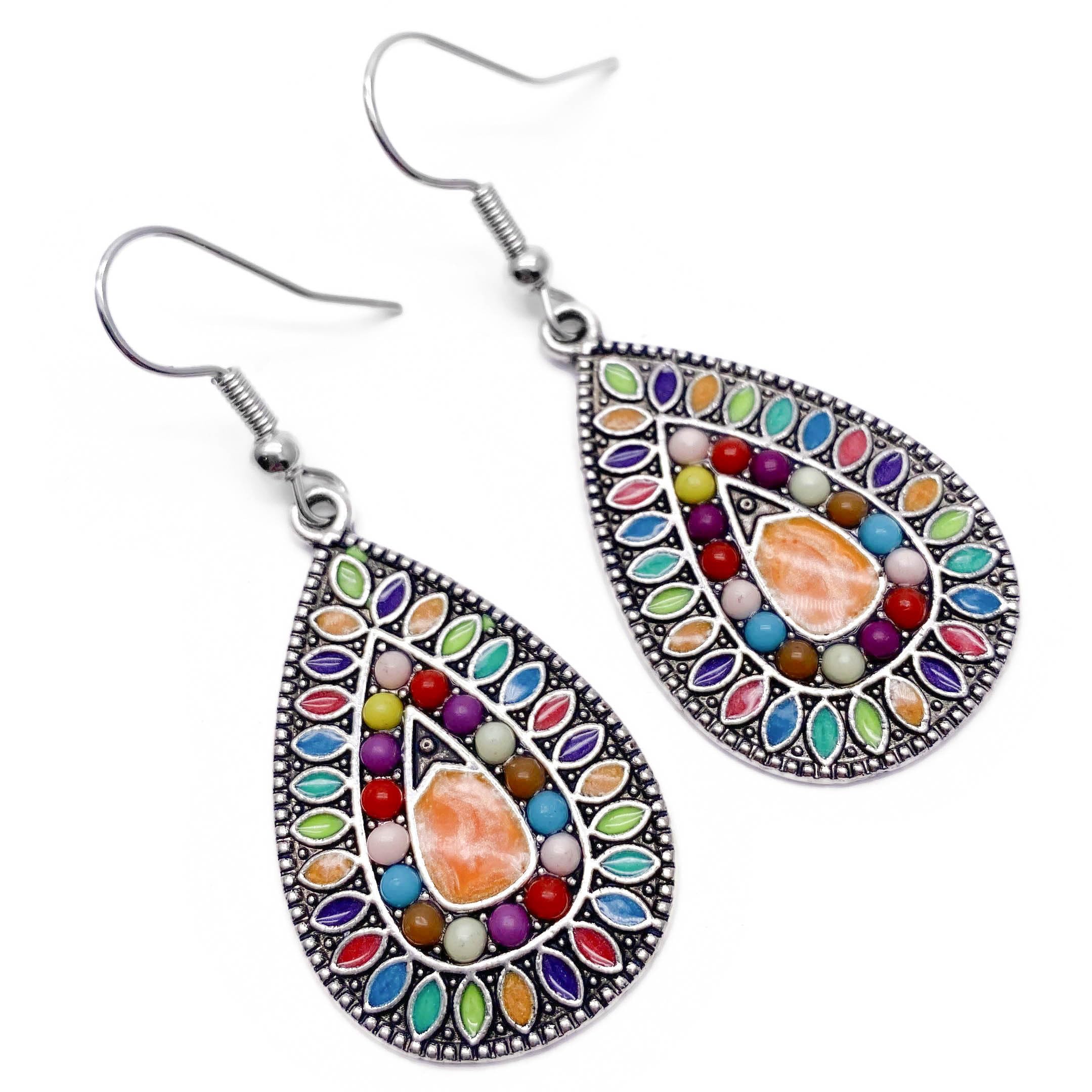 Tear Drop Shaped Patterned Multi-Colour Enamel Charm Bead Earrings in Antique Silver Look : 50mm long, Boho Ethnic Drop Earrings for Women, Bohemian Jewellery