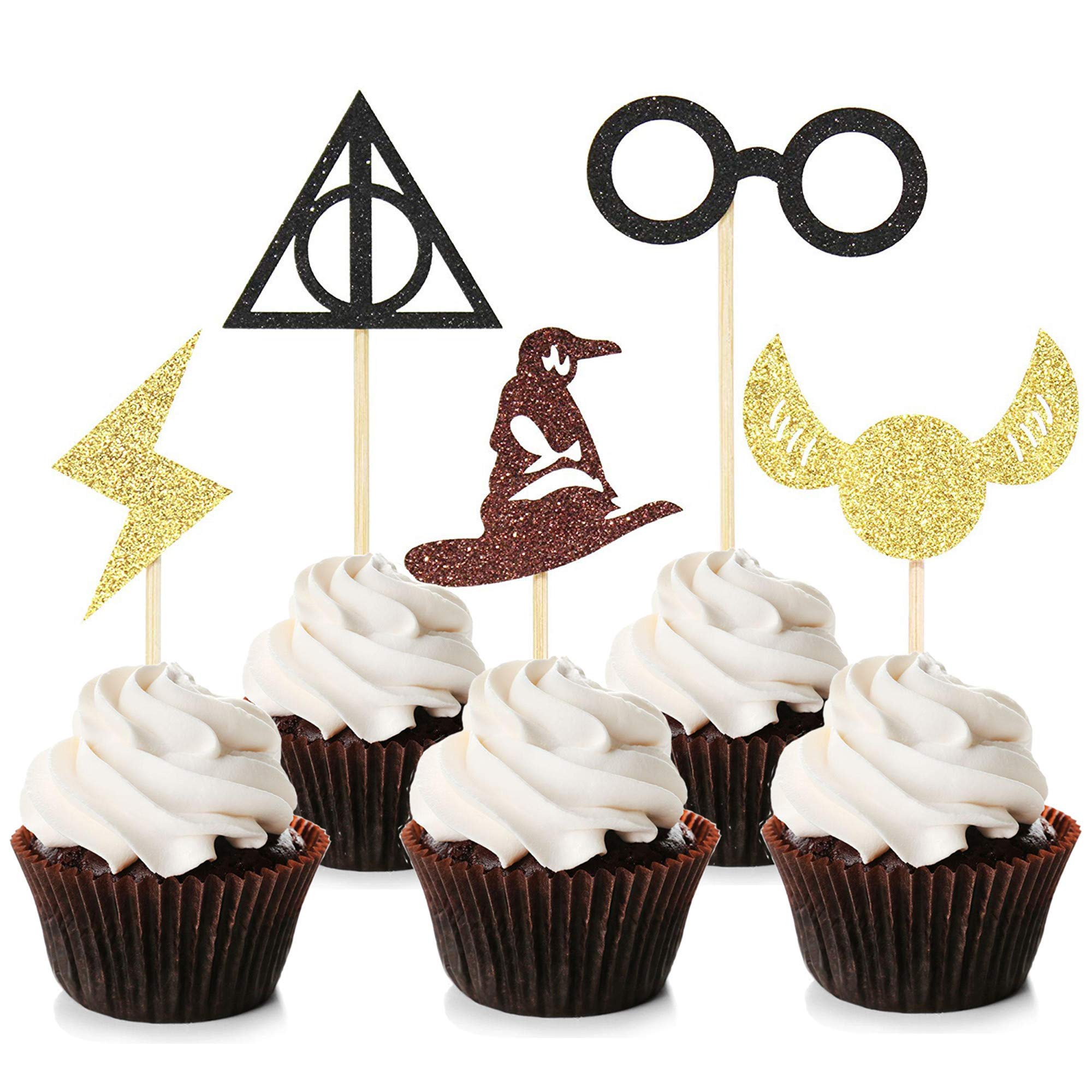 Blumomon 30Pcs Glitter Wizard Cupcake Toppers Harry P Inspired Cupcake Picks Wizard Themed Birthday Party Cake Decoration Supplies
