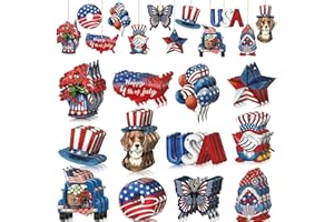 RSACCSKY 24 Pcs 4th of July Patriotic Ornaments for Tree Wooden Memorial Day Decorations Red White Blue Hanging Ornament America Star Gnome Wood Cutout Independence Day Decor for Home Tree (Patriotic)