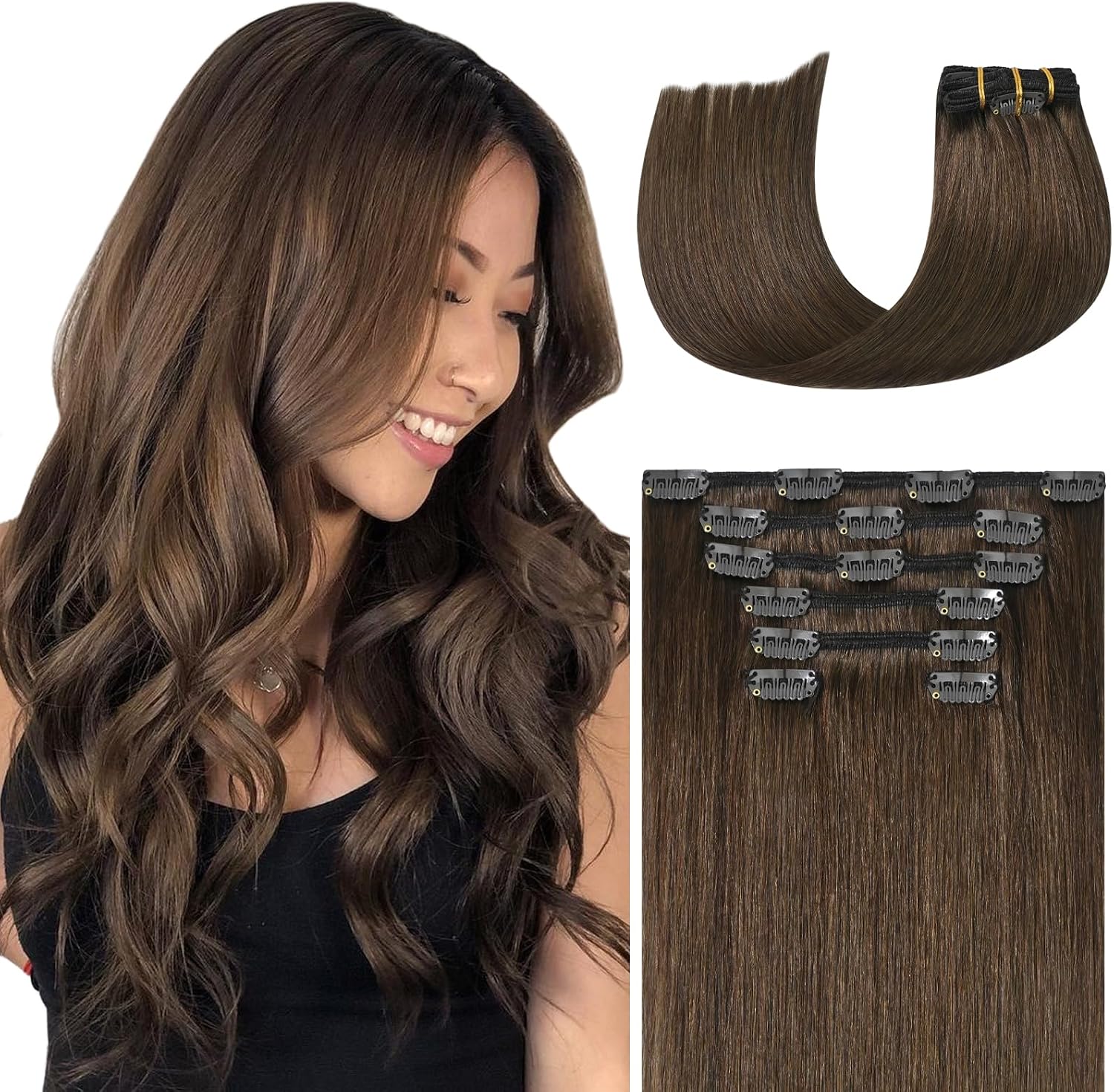 WindTouch Clip in Hair Extensions Human Hair, 15 Inch 75g #4 Medium Brown Hair Extensions for Women Real Human Hair Clip in, Remy Human Hair Extensions Clip ins, Soft Natural Straight