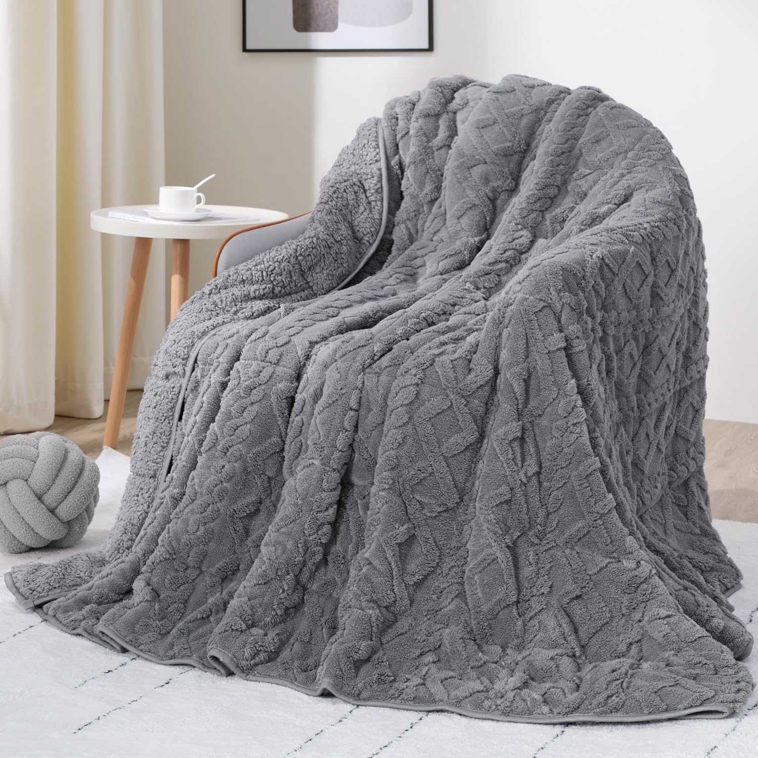 Photo 1 of Weighted Blanket 20lbs, Dual Sided Fluffy Fuzzy Sherpa Queen Size Weighted Blankets for Adults, 3D Stylish Jacquard Tranquility Blankets for Sleep and Relax, Grey, 60 x 80 inches