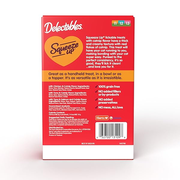 DELECTABLES SQUEEZE UP CATNIP VARIETY PACK, CREAMY SQUEEZABLE PUREE, LICKABLE WET CAT TREATS, GRAIN FREE, NO ADDED FILLERS, NO BY-PRODUCTS, NO ADDED PRESERVATIVES, 0.5 OUNCES TUBE, 20 TUBES TOTAL