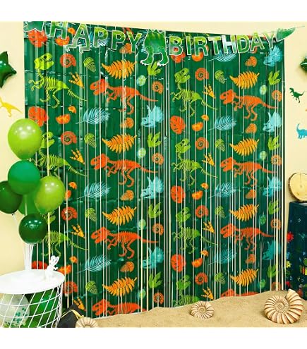 Sfondo Fotografico 2.1x1.5m – Dinosauri Acquerello Con Foglie Tropicali, Per Compleanni E Party A Tema (verde/oro)
