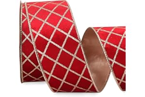 Ribbli Red Velvet Ribbon Wired with Glitter Diamond Grid 2-1/2 Inch Christmas Ribbon for Christmas Tree Decoration Big Bow Gift Wrapping Crafts Wreaths Garland Supplies - 10 Yards