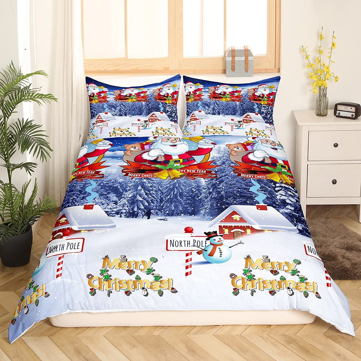 Kids Christmas Bedding Set Xmas Santa Claus Pine Duvet Cover Set for Boys Girls Merry Christmas Comforter Cover Galaxy Blue Decor Bedding & Linen 3Pcs Double Size