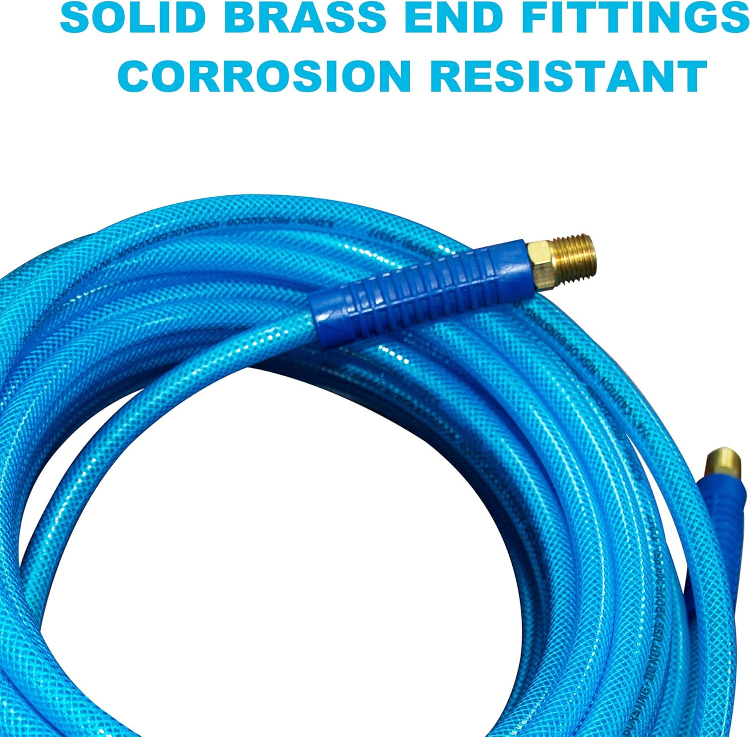 FIXSMITH-Reinforced-Polyurethane-Air-Hose, 300 PSI, 50 Feet x 1/4 Inch, PU Air Compressor Hose With 1/4" MNPT Brass Swivel End Fittings and Heavy Duty Bend Restrictors.Blue. - - 