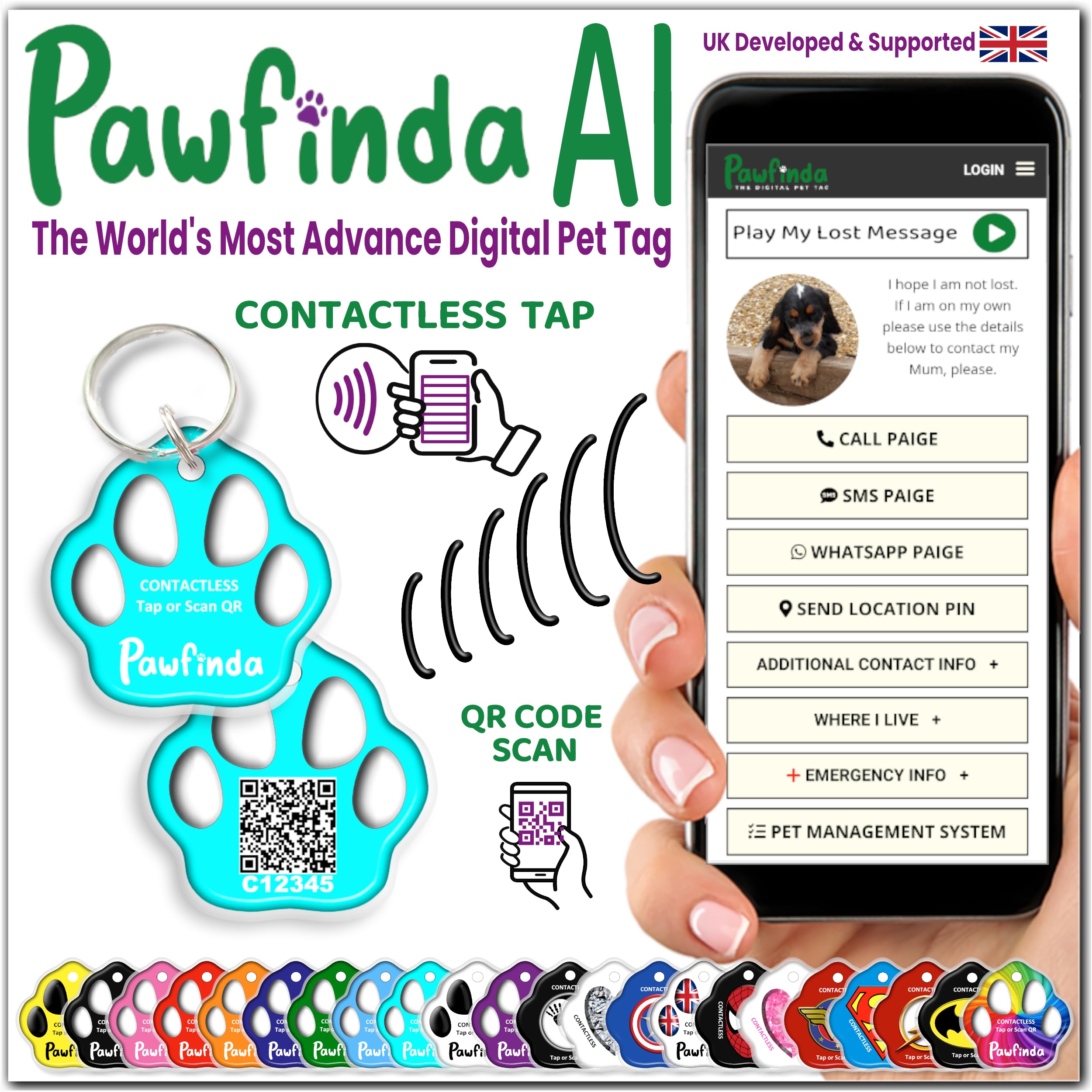 PAWFINDA – Next Generation AI Digital Personalised Cat Dog Pet Engraved ID Tag with CONTACTLESS NFC and QR Code Technology Now with PawVoice AI. UK Developed, Designed, and Supported. (Turquoise Paw) — image 1