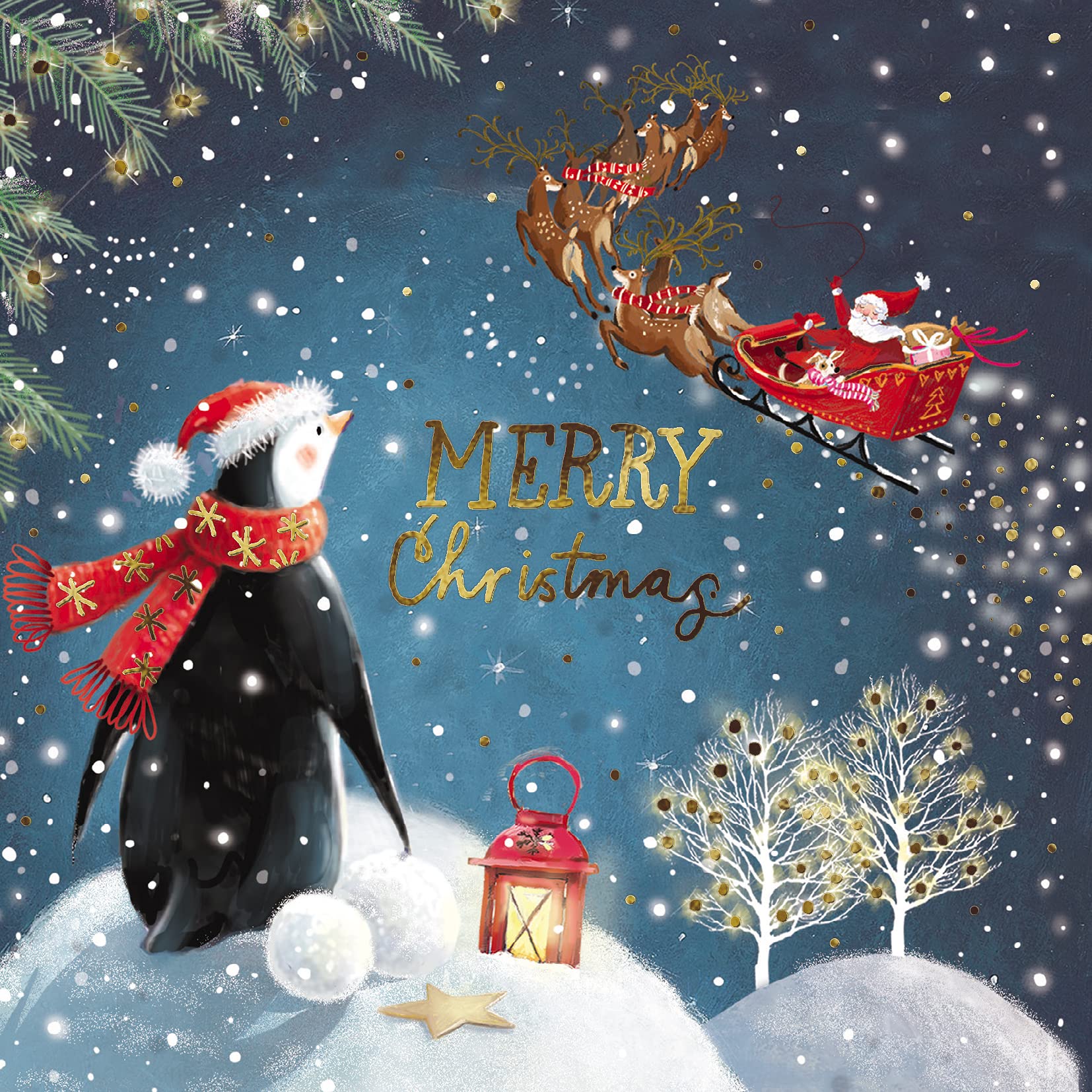 Ling Design Pack of 6 Charity Christmas Cards - 'Penguin Under a Starry Night' - 6 Cards of 1 Lovely Design - Gold Foil Finish