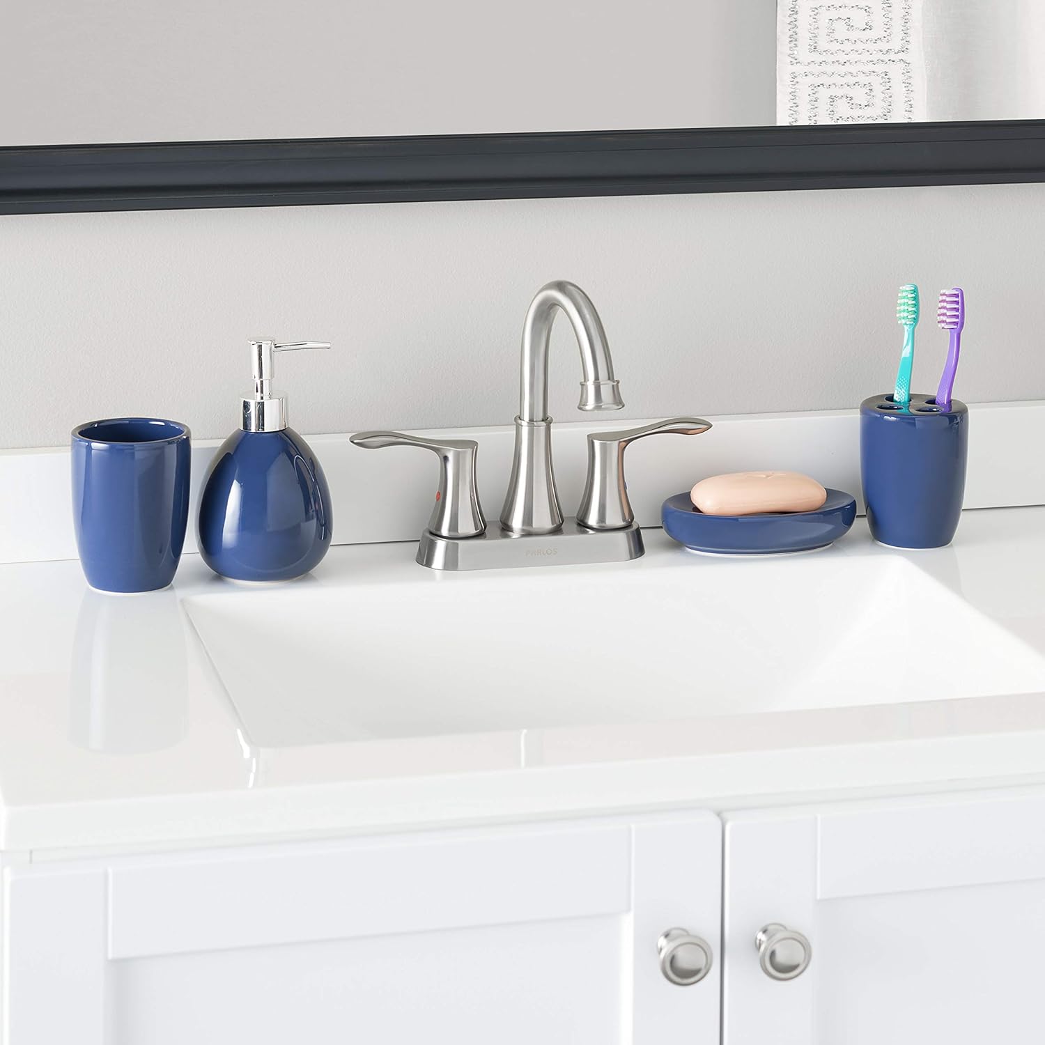 Home Basics 4-Piece Bathroom Accessory Set, Includes Soap/Lotion Dispenser, Toothbrush and Toothpaste Holder, Soap Dish, and Tumbler, Navy: Kitchen & Dining