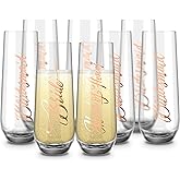 Bridesmaid Wine Glasses, Kook Bachelorette Party Champagne Glasses, 9.4 Oz (Bridal Set of 8), Stemless Glass Champagne Flutes, Cocktail Cups for Rose, Great for Weddings and Parties, Dishwasher Safe