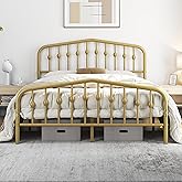 Yaheetech Metal Bed Frame Queen Size Metal Platform Bed Frame with Victorian Style Headboard/Footboard/Easy Assembly/No Box Spring Needed/Antique Gold