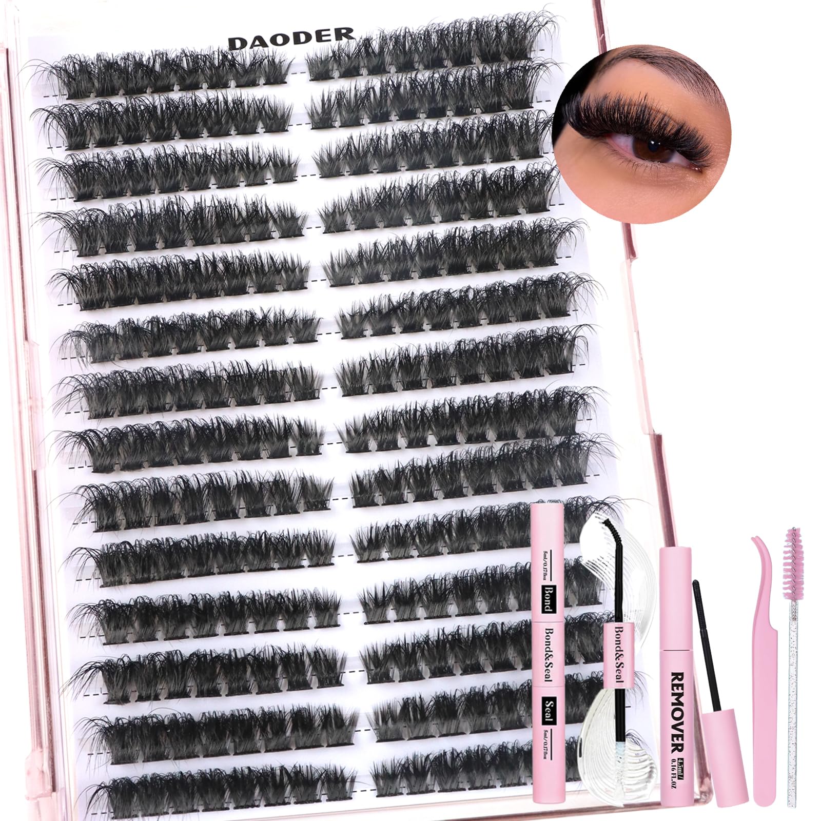 Photo 1 of DAODER Natural & Thick Lash Clusters Kit, 100D Cat Eye Extension Kit, Pre-Mapped Fluffy Individual Lashes with Bond Seal, Remover, D Curl, 8-16M (100D)