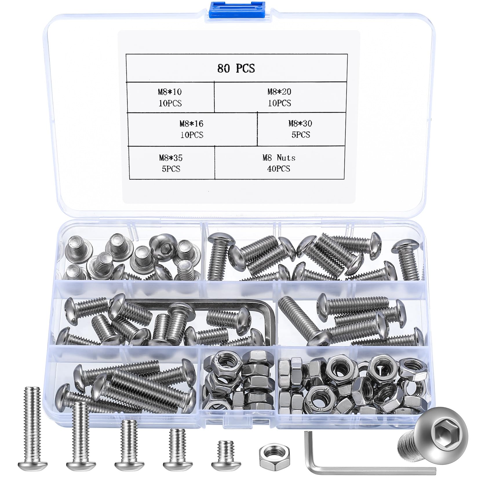 80 Pcs m8 Bolts Set, Hex Socket Button Head Cap Screws Bolts and Nuts Set, m8 Nuts and Bolts Set, Stainless Steel Round Head Hex Socket Head Cap Machine Screws, Pan Head Furniture Bike Bolts Set
