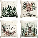AVOIN colorlife Merry Christmas Trees Reindeer Snowflake Throw Pillow Covers, 18 x 18 Inch Xmas Red Berries Hello Winter Holiday Cushion Case Decoration for Sofa Couch Set of 4