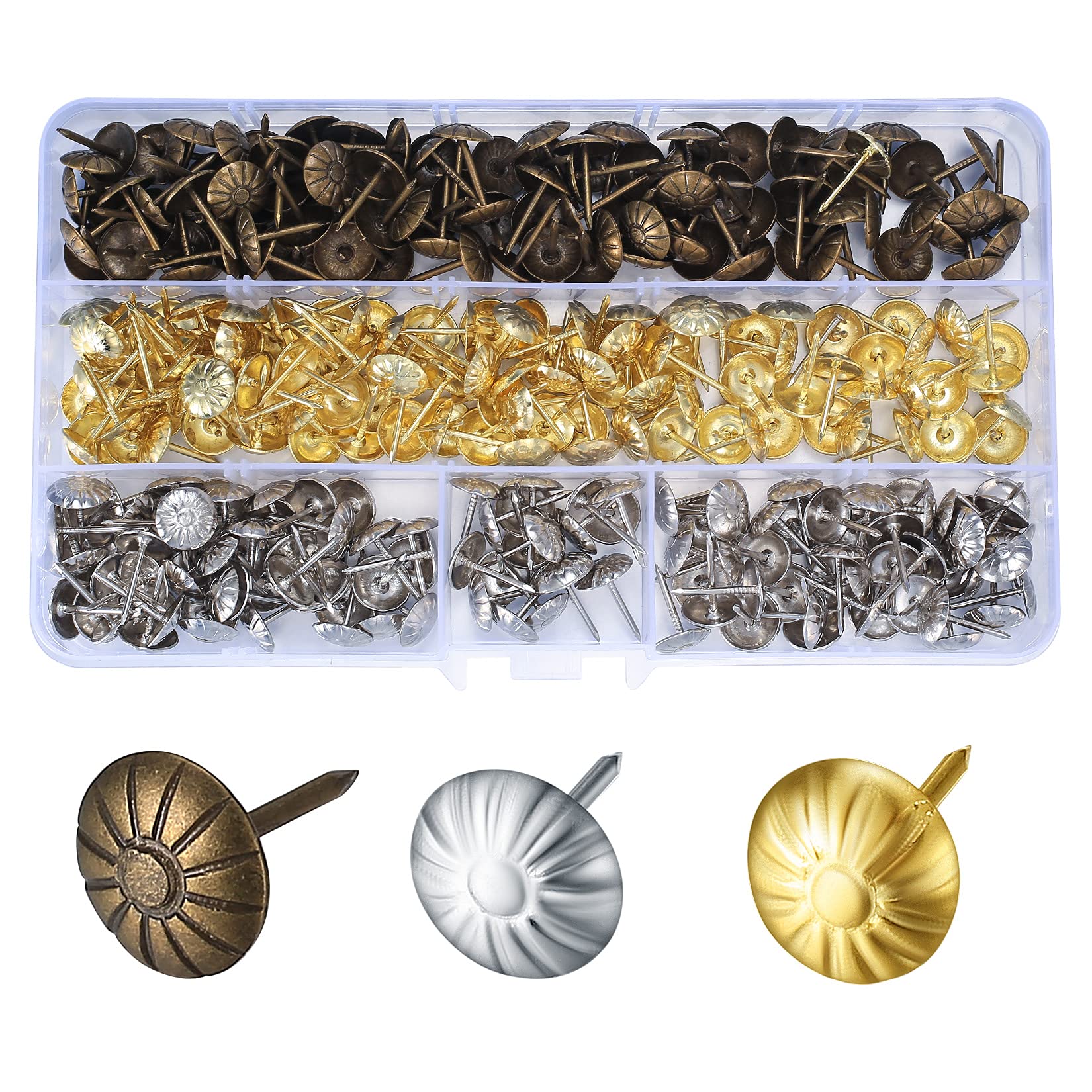 450 Pcs Upholstery Tacks, Vintage Bronze Gold Silver Furniture Decorative Nails Pins Thumb Tack Push Pins for Sofa, Chair, Bed Antique - 11x17mm/3 Colors
