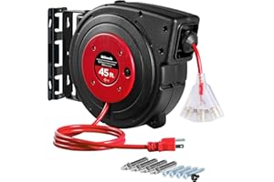 WILAWELS Retractable Extension Cord Reel, 45 FT Heavy Duty Power Cord, 12AWG/3C SJTOW, 3 Grounded Outlets Lighted Triple Tap, 15 Amp Circuit Breaker, UL Listed, Red R45CR06