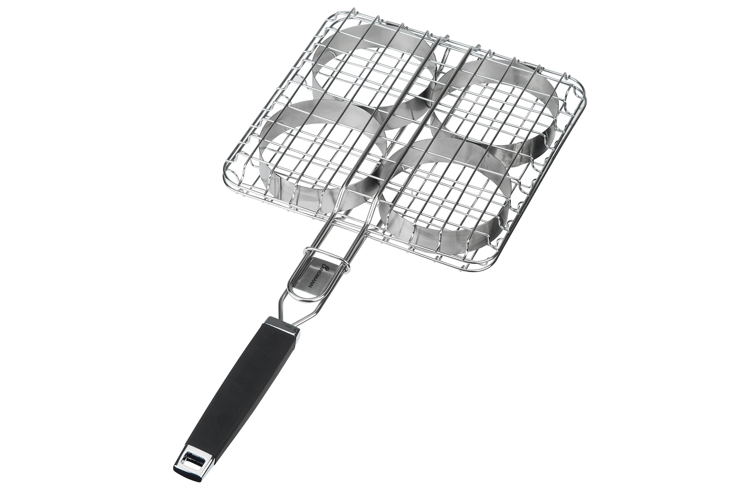 Landmann Pure Grill Roasting Tray for 4 Hamburger Patties and Meatballs & Extra Wide for American Burger Patties Rubberised Handle for Safe Handling Includes 4 Metal Rings [Stainless Steel] Grill