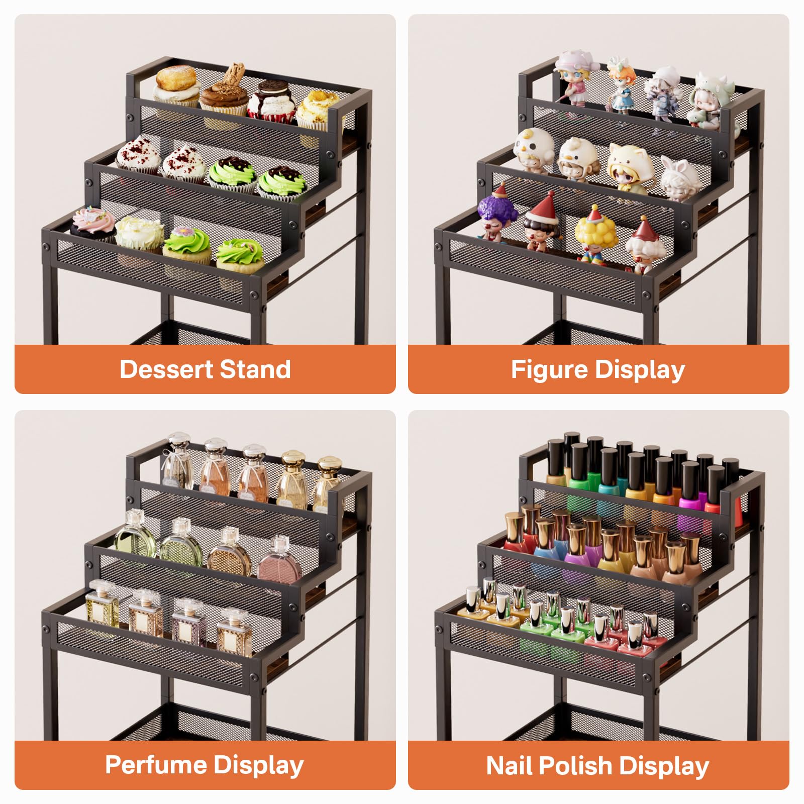 FURFUN Display Riser Stand Perfume Cologne Organizer, Rolling Makeup Storage Cart with Fabric Drawers, Floor Vanity Cosmetics Display Cases for Skin Care Nail Polish Figures Rustic Brown Ladder Stand