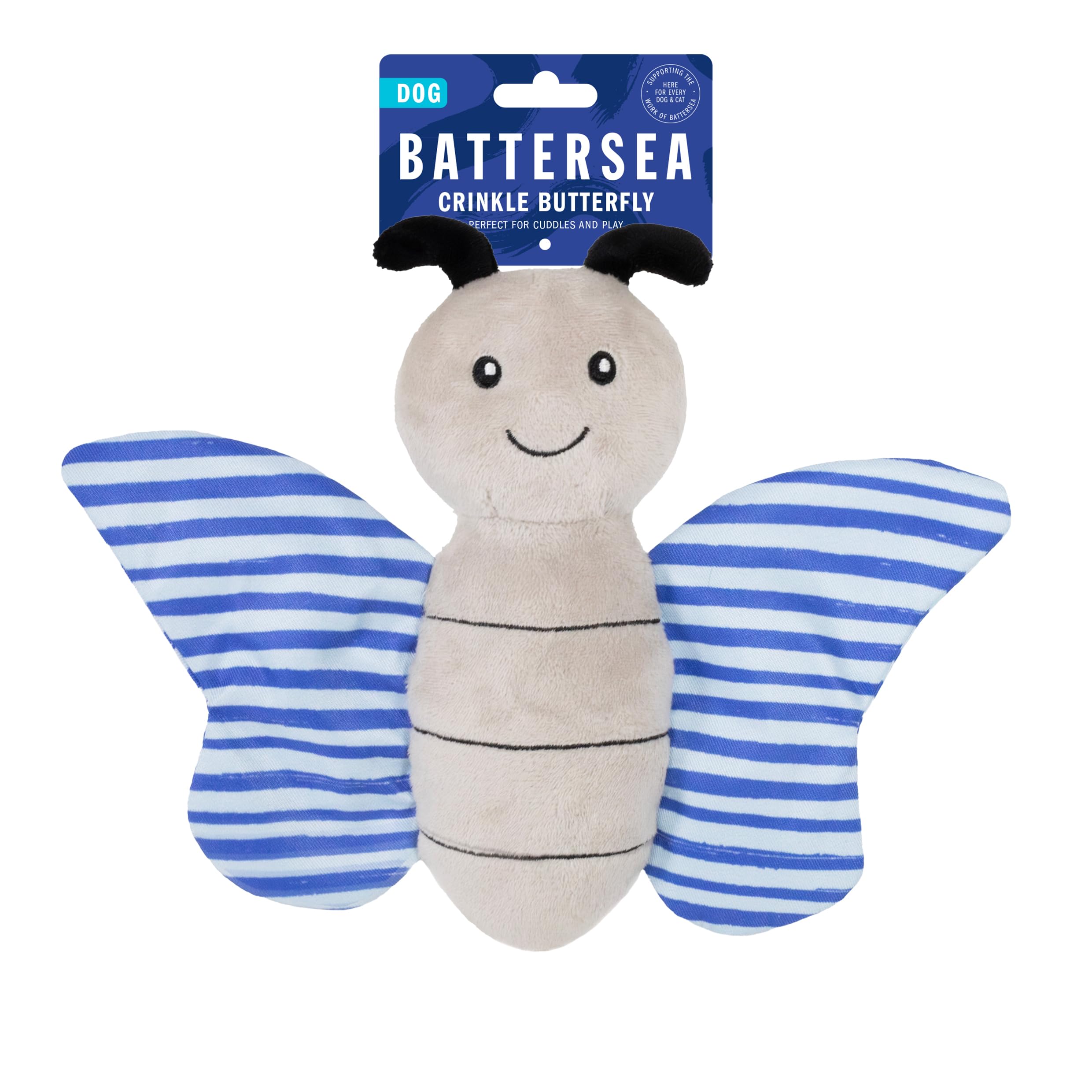 Battersea Rosewood Crinkle Butterfly Dog Toy - Plush, Soft for Snuggle and Play, Squeaky, Blue Striped, 8cm x 18cm