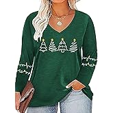 Women Plus Size Christmas Shirt Merry Bright Xmas Long Sleeve Tees Christmas Tree Print Casual V Neck Holiday Tee Tops