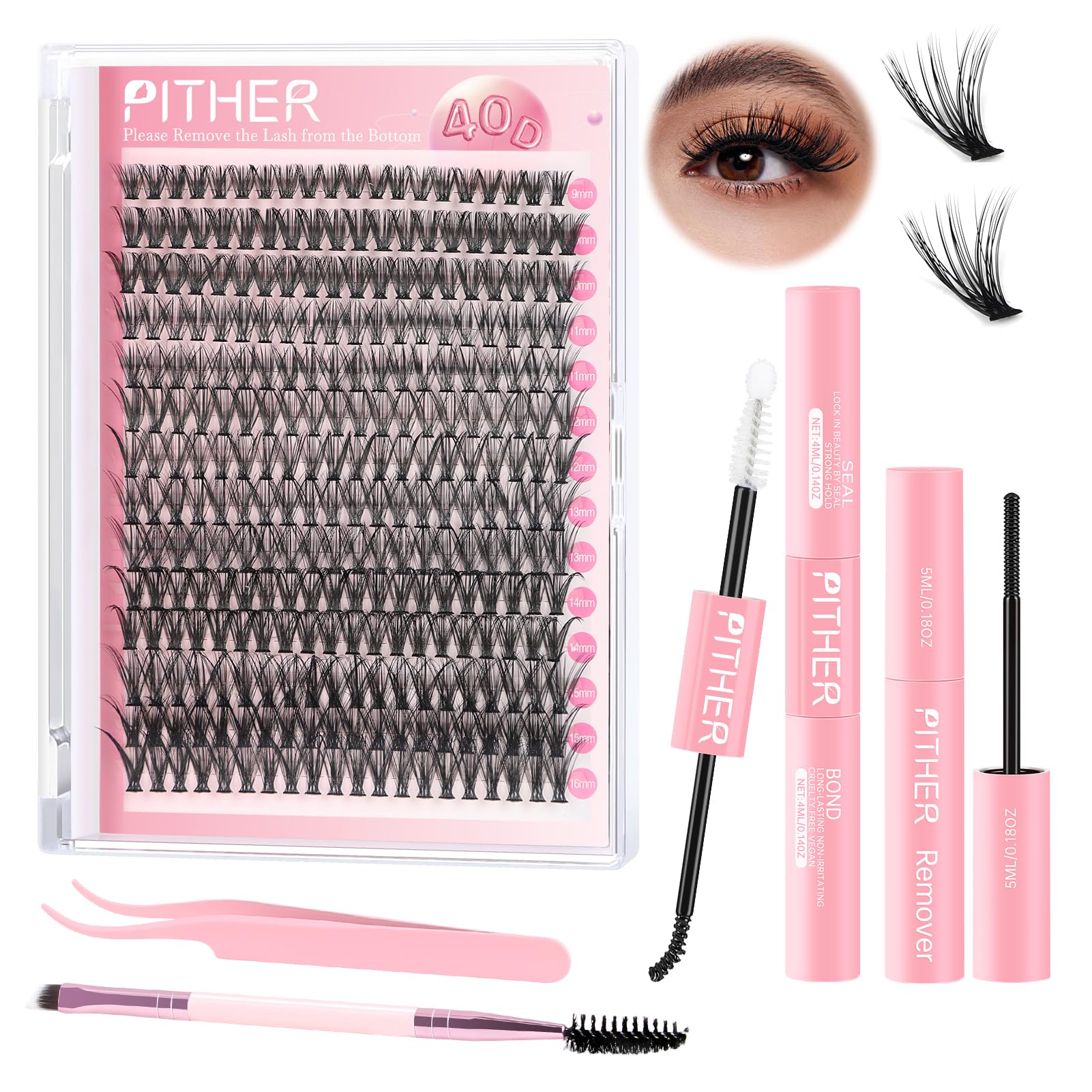 Photo 1 of PITHER Eyelash Extension Kit 40D 280PCS, Mix 9-16mm Waterproof Lash Clusters Kit with Lash Applicator Bond and Seal Lash Glue for Beginners DIY Lash Extensions at Home