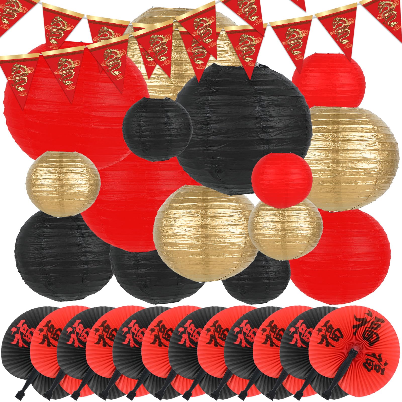 Photo 1 of party greeting 28 Pcs Hibachi Party Decorations Asian Chinese Japanese Party Supplies Includes 15 Pcs Chinese Paper Lanterns 12 Pcs Japanese Folding Fans 32.8 Ft Chinese New Year Dragon Pennant Banner