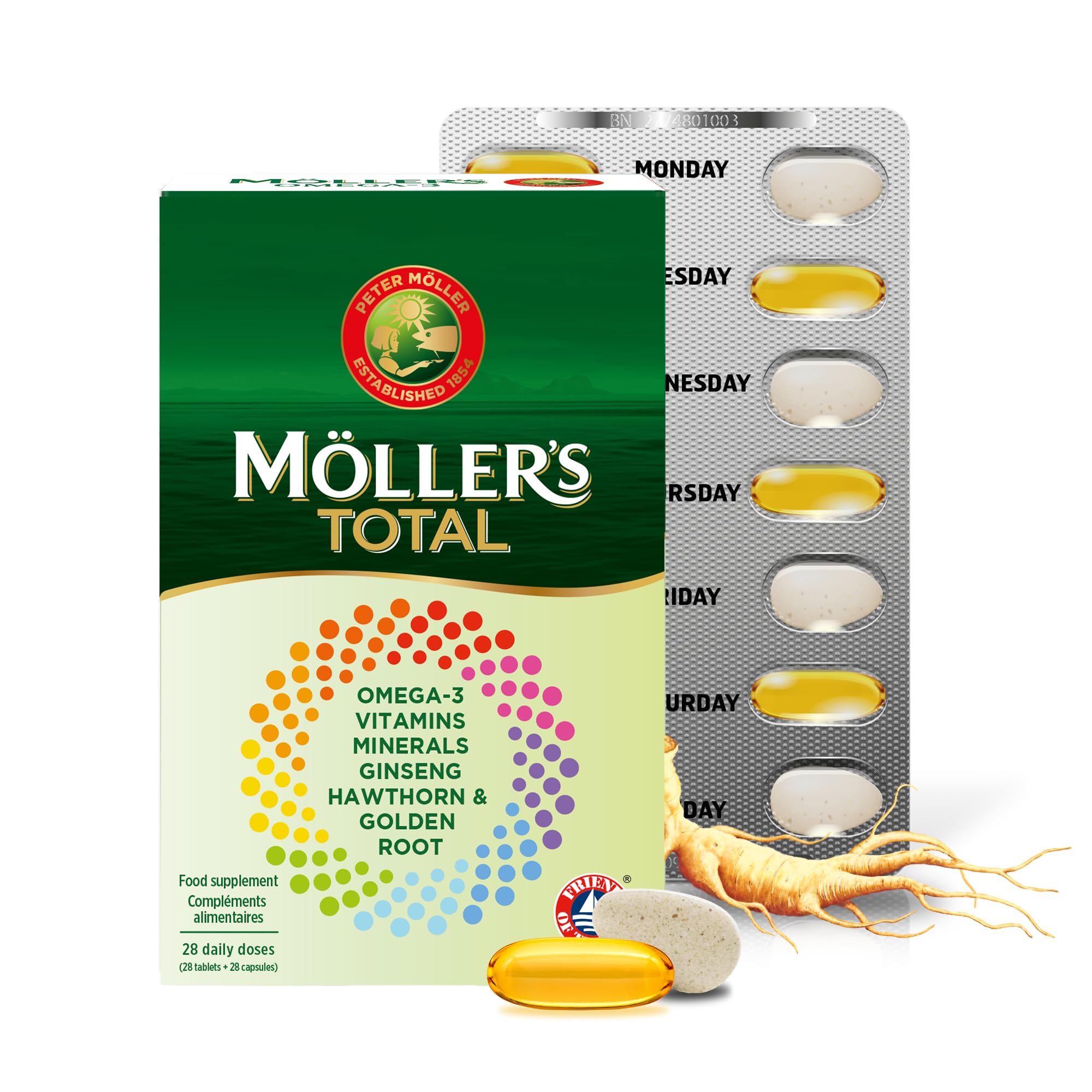 Moller’s ® | Möller's Total | Complete Daily Supplement | Nordic Omega-3 Dietary Supplement with EPA and DHA | Broad Spectrum of Vitamins and Minerals | Ginseng, Hawthorn & Golden Root | 56 Capsules