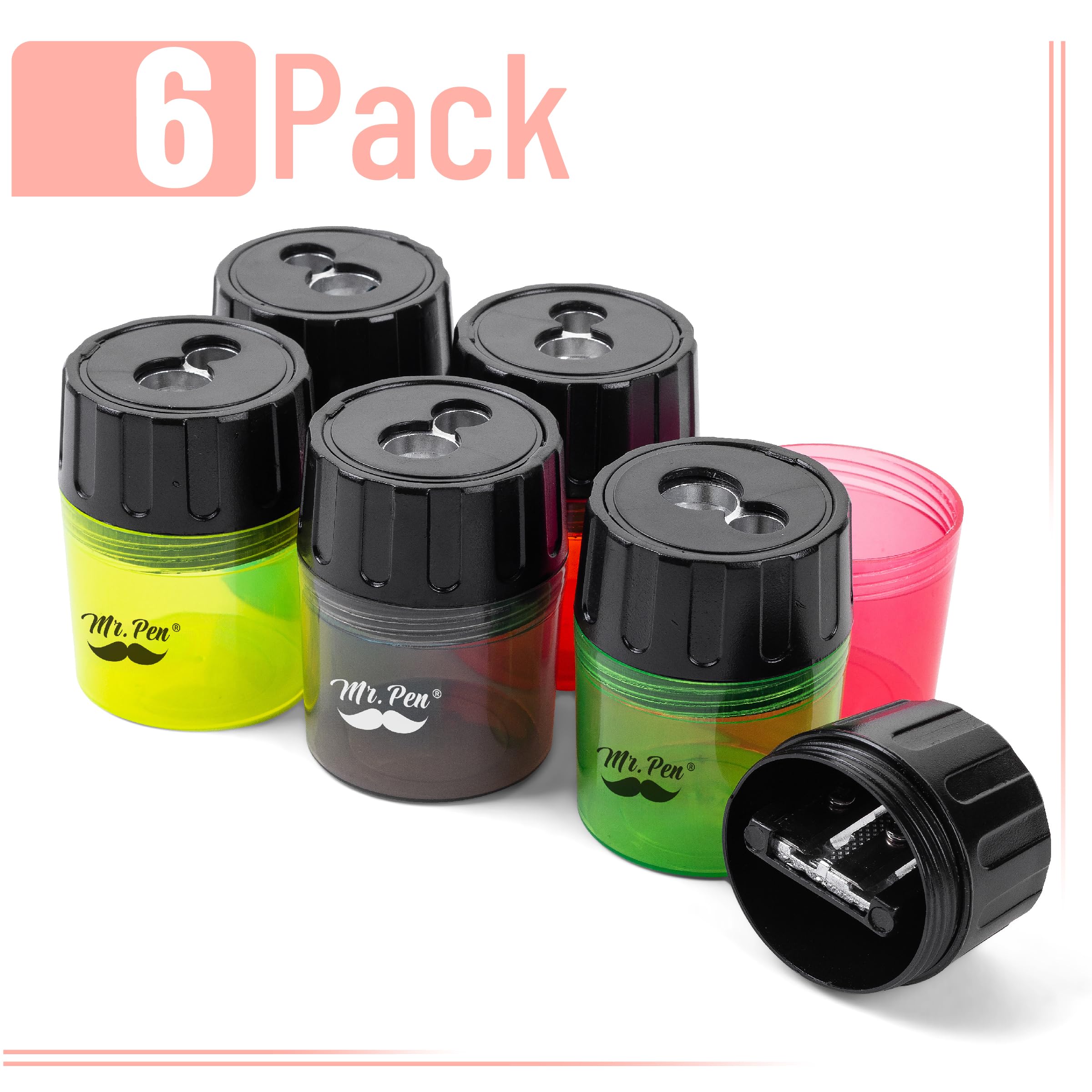 Mr. Pen- Handheld Manual Pencil Sharpener with 2 Sharpening Holes and Screw-On Lid, Pack of 6, Pencil Sharpeners, Colored Pencil Sharpener Manual, Back to School Supplies