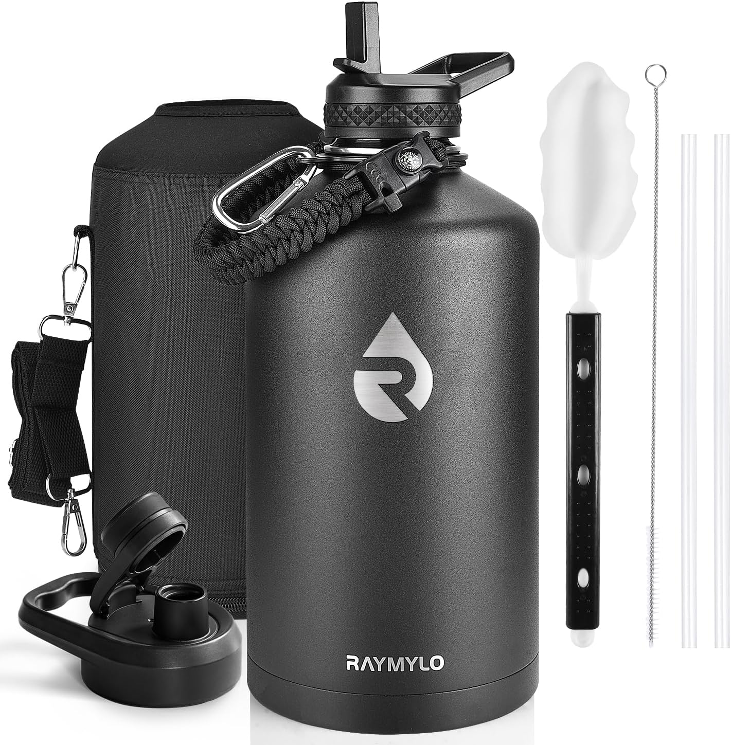 RAYMYLO One Gallon Water Bottle Insulated, Triple Walled Vacuum Stainless Steel (Cold for 48 Hrs), Leak Proof & Non-BPA, Large Water Flask Jug with Paracord Handle & Straw Spout Lids