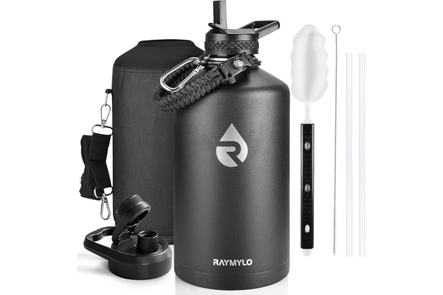 RAYMYLO One Gallon Water Bottle Insulated, Triple Walled Vacuum Stainless Steel (Cold for 48 Hrs), Leak Proof & Non-BPA, Large Water Flask Jug with Paracord Handle & Straw Spout Lids