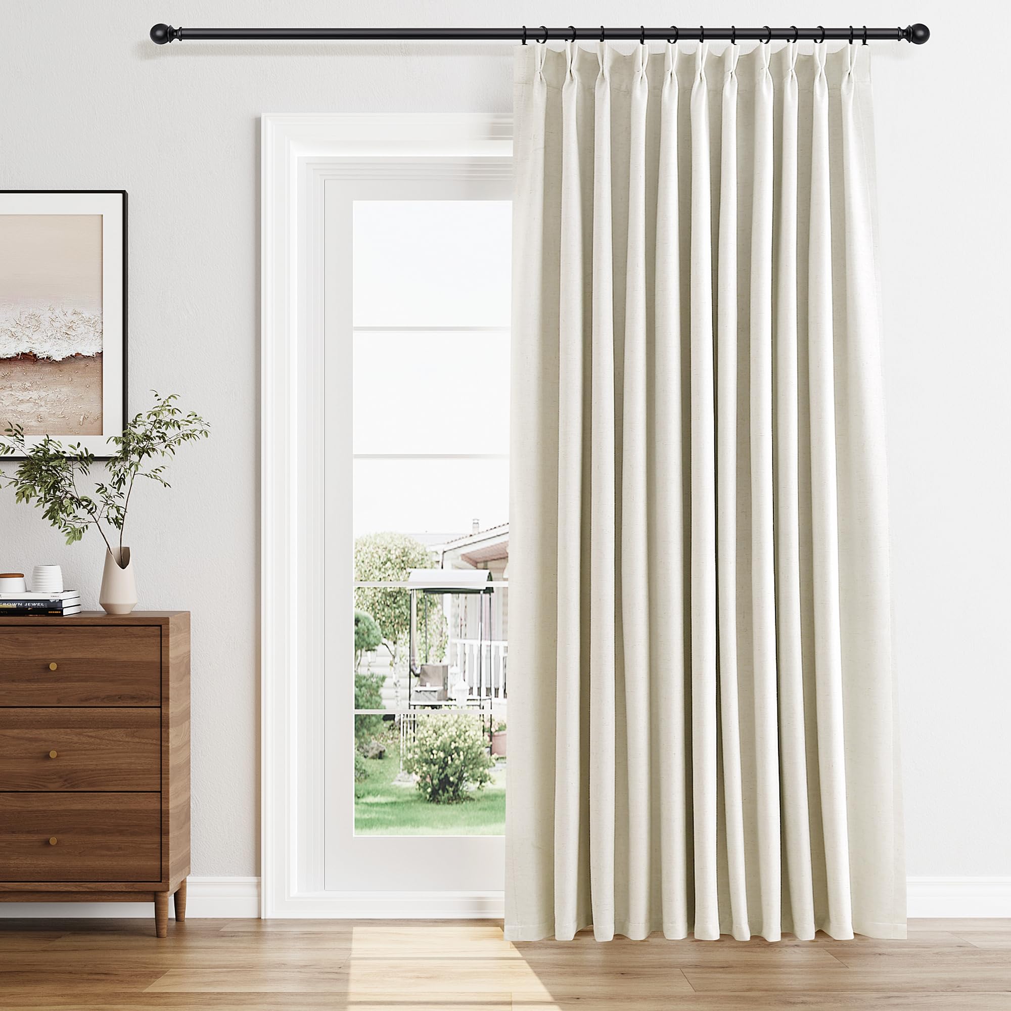 Photo 1 of 100% Blackout Pinch Pleat Linen Curtains 96 Inch Length 60 Inch Wide for Sliding Door Pinch Pleated Thermal Insulated Drapes Farmhouse Rustic Room Darkening Natural Cream Curtain for Bedroom 1 Panel
